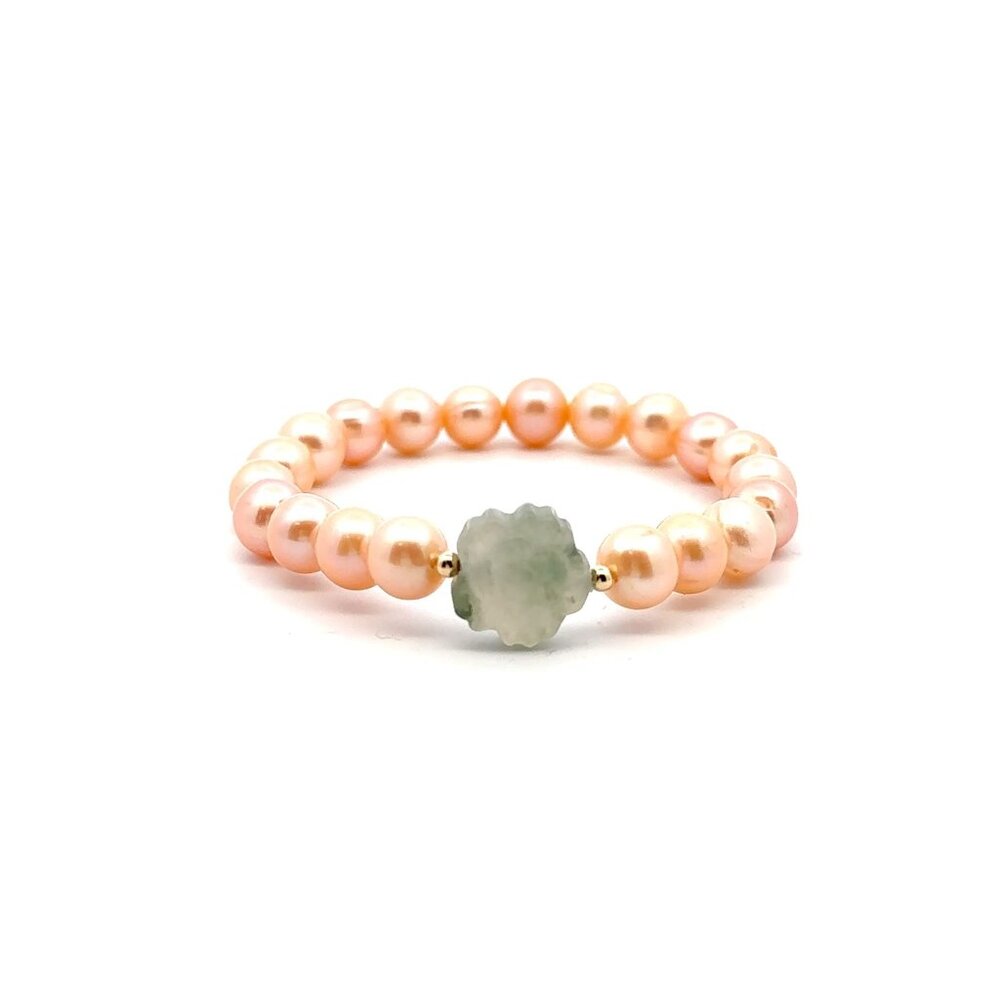 Cultured Pearl Pink Stretch Bracelet Jade Carved Flower 18k Tiny Beads